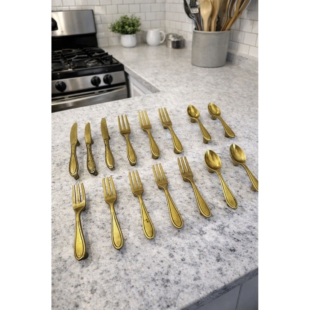Vintage‎ Midcentury Knife Fork Spoon Gold Tone Drawer Pulls Handles Lot of 12